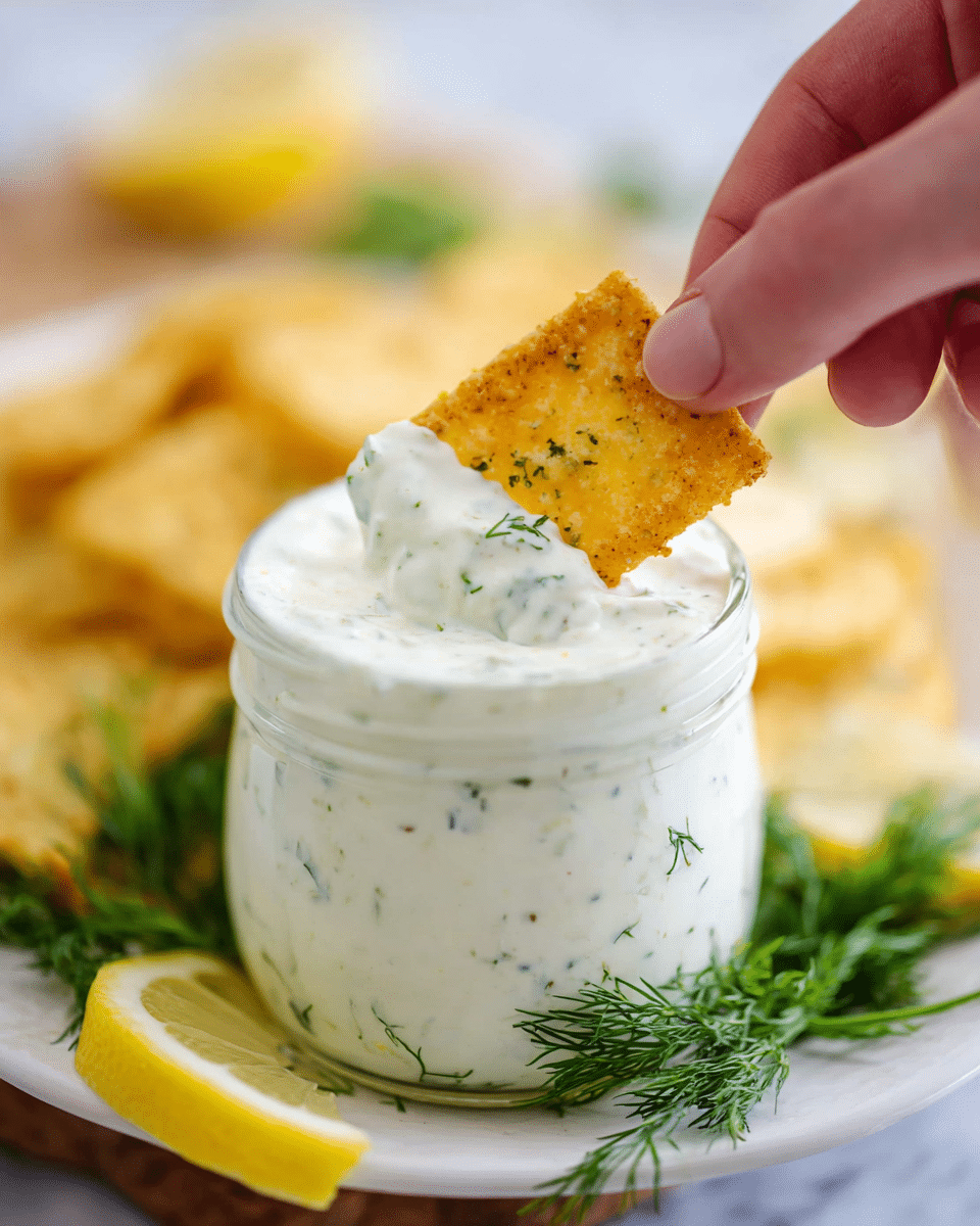 A clear jar filled with creamy white dill sauce speckled with small green herb pieces sits on a white plate with fresh green dill sprigs and bright yellow lemon wedges around it; a golden crispy square chip is dipped halfway into the sauce held by a woman's hand from above, showing the textured surface of the chip; the background is a soft blur with more golden chips visible on a white marbled texture. photo taken with an iphone --ar 4:5 --v 7