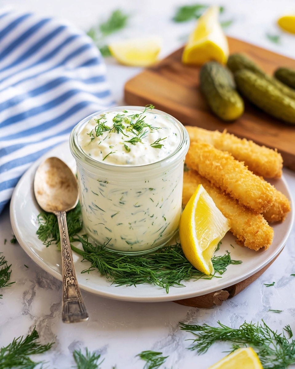 A small clear glass jar filled with creamy white sauce mixed with green herb bits is placed on a white plate. The top of the sauce is dolloped with more sauce and sprinkled with fresh dill. Next to the jar, fresh dark green dill leaves are arranged on the plate, and a wedge of lemon with a yellow peel is leaning against the jar. An old silver spoon rests on the left edge of the plate. Behind the plate, on a wooden cutting board, there are four golden brown crispy fish sticks and three green pickles. The background is a white marbled texture with scattered dill sprigs and lemon wedges. A blue and white striped cloth is partially visible in the upper left corner. photo taken with an iphone --ar 4:5 --v 7