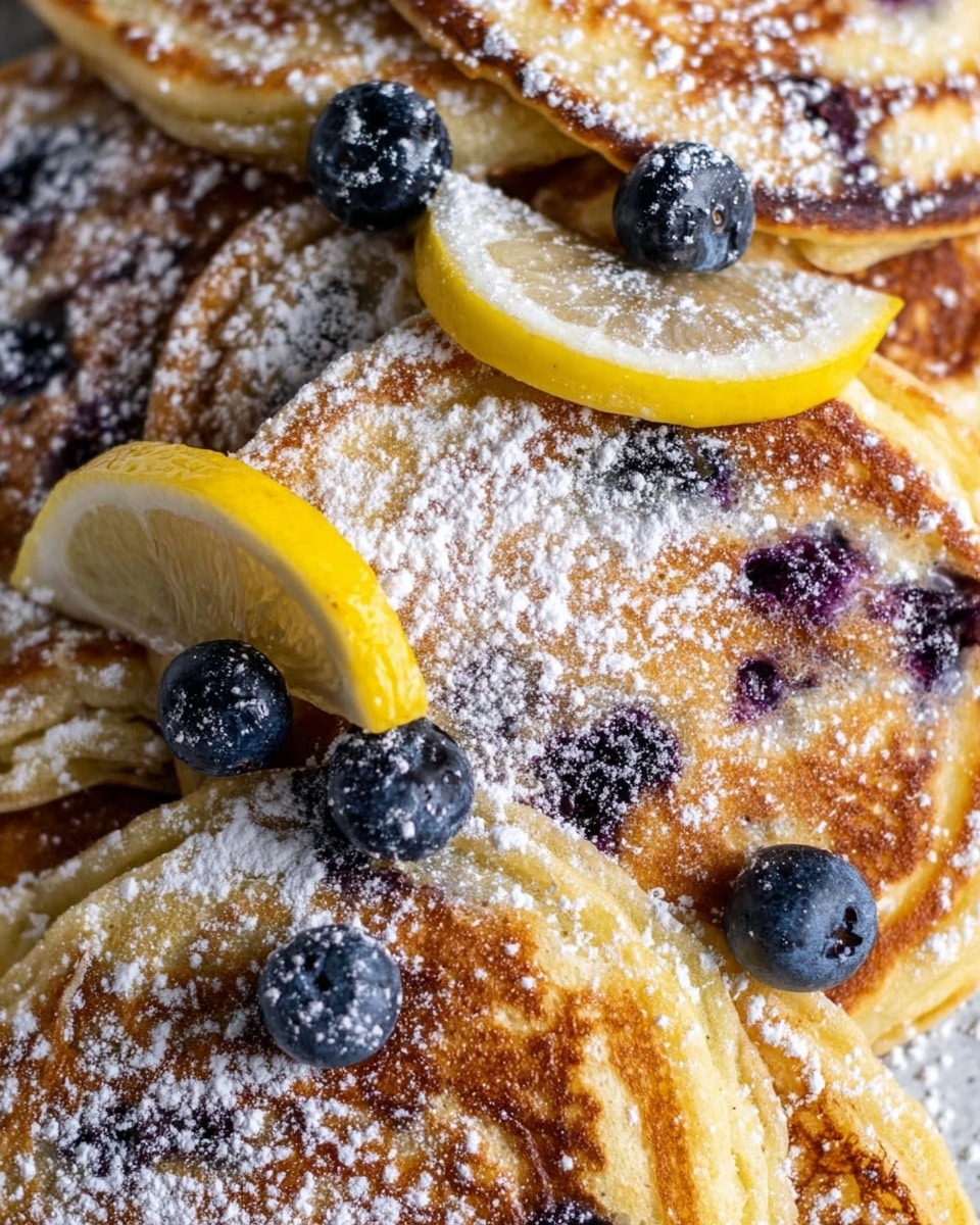 A close-up view of a pile of golden brown blueberry pancakes, arranged in overlapping layers. Each pancake has a slightly crispy texture with visible blueberries inside, some bursting and leaving purple spots. A light dust of white powdered sugar is spread unevenly across the pancakes, adding contrast to the warm tones. Thin, translucent lemon slices with a pale yellow border are placed between the pancakes, along with a few whole fresh blueberries, creating a touch of fresh color. The entire scene is set against a white marbled textured background. photo taken with an iphone --ar 4:5 --v 7