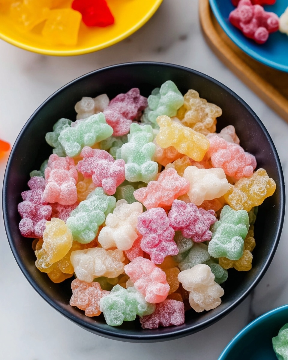 A dark bowl filled with two layers of small gummy bears that look frozen, giving them a soft, frosty texture. The gummy bears are in pastel shades including light green, pale yellow, soft pink, white, and light peach, all mixed closely together. The bowl is placed on a white marbled surface with parts of other brightly colored dishes visible around it, adding pops of vibrant yellow, blue, red, and green to the scene. Photo taken with an iphone --ar 4:5 --v 7