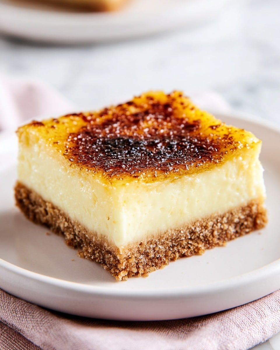 A square piece of dessert with two layers sits on a white plate over a light pink cloth. The bottom layer is a crumbly, brown crust with a textured surface, while the top layer is a thick, creamy, pale yellow filling. The topmost surface has a caramelized golden-brown layer with a slightly uneven, glossy, burnt sugar texture. The background is a white marbled surface. photo taken with an iphone --ar 4:5 --v 7