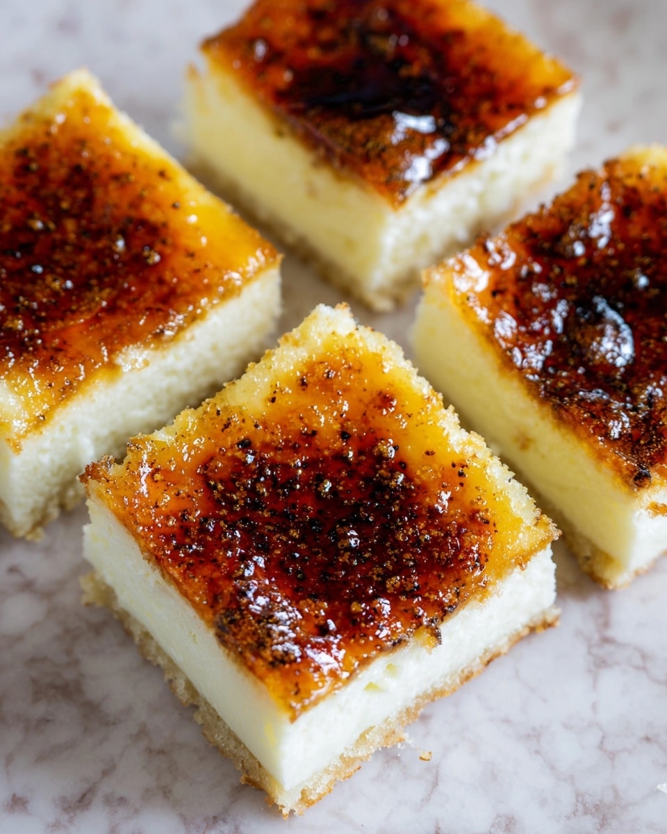 Four square pieces of a dessert with two layers are shown on a white marbled texture. The bottom layer is creamy white and smooth, looking soft and moist. The top layer is a thin, shiny caramelized sugar crust, golden brown with darker burnt spots, giving a crispy and slightly rough texture. The squares are closely placed, and the caramelized layer reflects light, showing a glossy, sugary finish. photo taken with an iphone --ar 4:5 --v 7