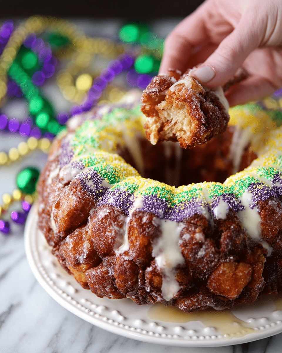 A close-up image shows a brown monkey bread with a sugar glaze dripping down its sides, topped with sugar sprinkles in three colors: yellow, green, and purple, arranged in stripes around the top. It has a rough, bumpy texture from the chunks of bread forming the ring shape, with white glaze slowly melting over it. A woman's hand is pulling a piece from the bread to reveal a soft inner texture. The bread sits on a white plate with a dotted edge, placed on a white marbled surface with colorful Mardi Gras beads in green, purple, and gold scattered around. photo taken with an iphone --ar 4:5 --v 7