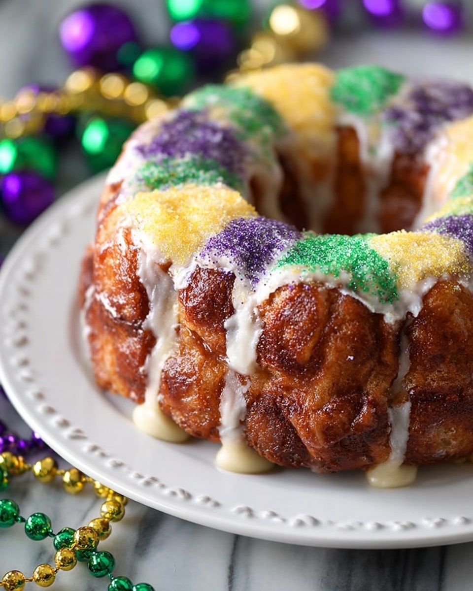 The image shows a ring-shaped monkey bread with a thick, sticky texture in a warm brown color. It has a single layer with individual dough pieces clumped together, covered by a white icing drizzled unevenly over the top. The icing is sprinkled in three sections with coarse sugar in bright purple, yellow, and green, giving a festive look. The bread sits on a white plate with small dotted patterns around the edge, and the background is a white marbled surface. Some colorful Mardi Gras bead necklaces in purple, green, and gold are partially visible around the plate. Photo taken with an iphone --ar 4:5 --v 7