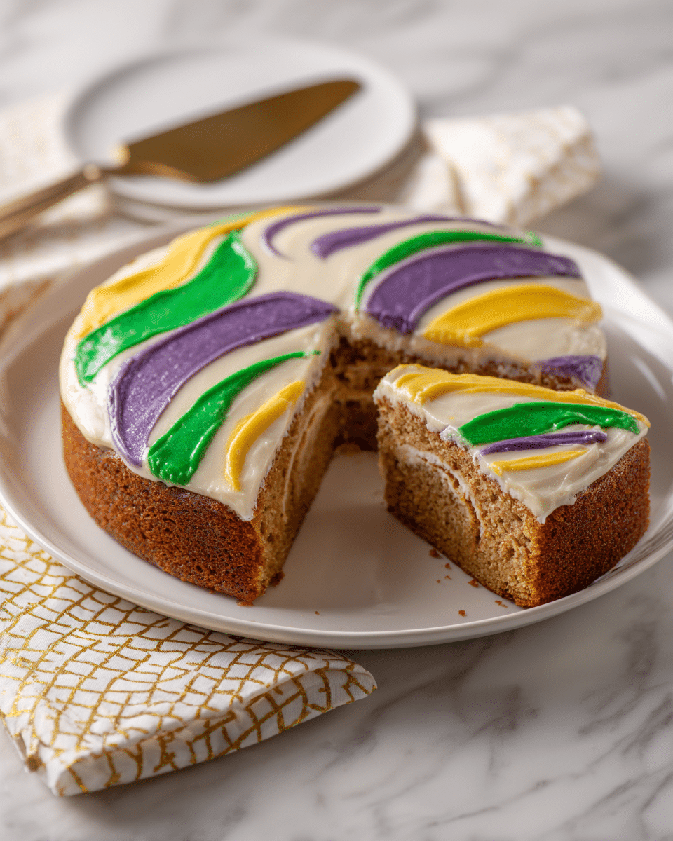 A round cake sits on a large white plate on a white marbled surface. The cake has a white icing layer on top, decorated with five thick diagonal stripes of colored sugar in purple, green, and yellow, alternating around the ring. One slice is cut and slightly lifted, showing the light brown, fluffy inner part of the cake with a swirl of filling inside. The plate is next to a silver cake server with a golden blade, and a folded white napkin with a gold geometric pattern. Photo taken with an iphone --ar 4:5 --v 7