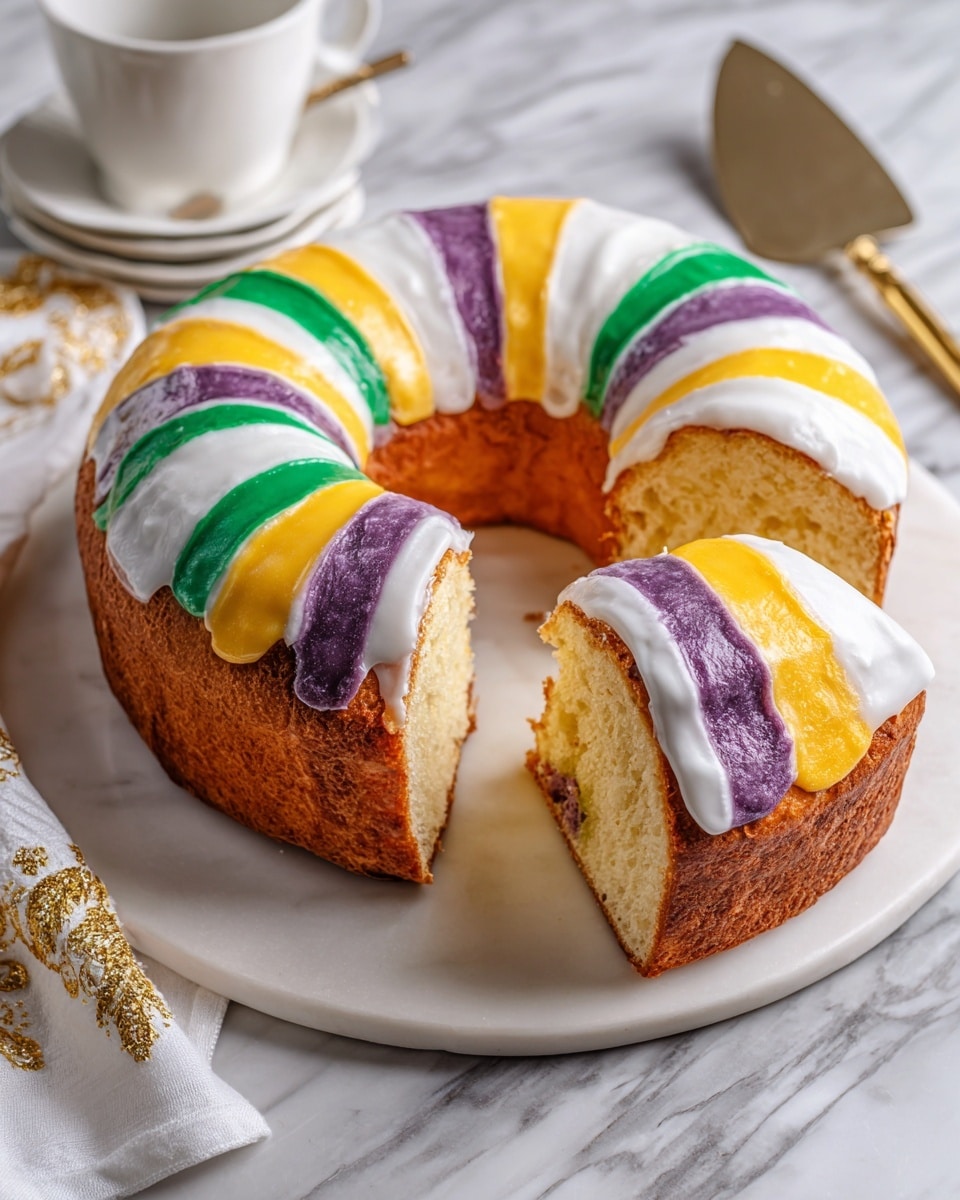 The image shows a round king cake with a smooth white icing layer on top, decorated with bold sugar colors in sections of yellow, green, and purple arranged in a striped pattern radiating from the center to the edges. The cake is thick with a golden-brown crust visible on the sides and underneath the icing. A slice is cut out and placed slightly inside the ring, revealing soft, light yellow dough inside with a small filling center. The cake rests on a white plate set on a white marbled surface, next to a silver cake server with a gold handle and a white cloth with a gold pattern. Photo taken with an iphone --ar 4:5 --v 7
