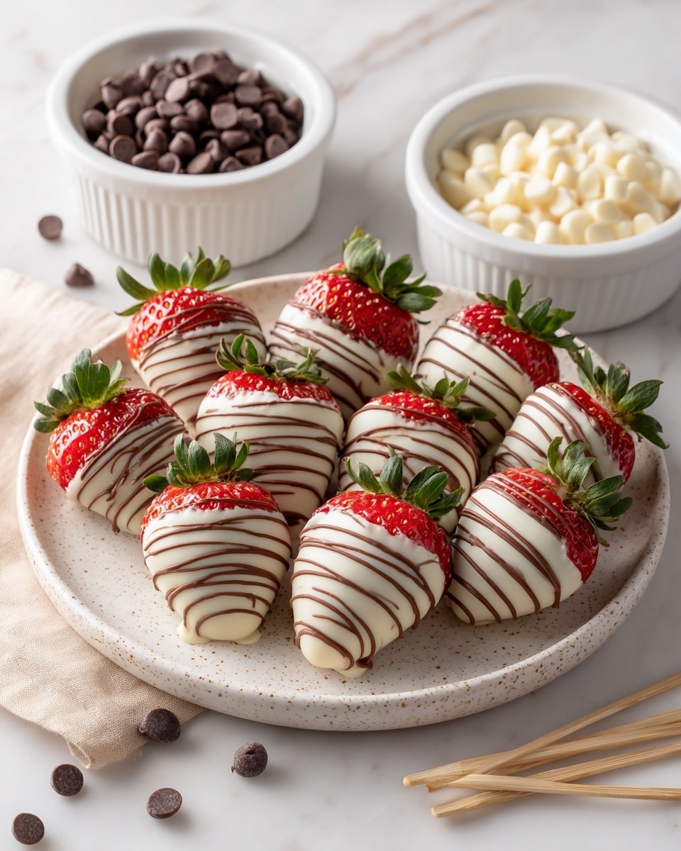 A round white plate with a light brown speckled pattern holds fifteen strawberries covered in white chocolate with dark brown swirl decoration, each strawberry’s red top and green leaves visible above the chocolate coating. Two small white bowls sit beside the plate, one filled with dark brown chocolate chips and the other with white chocolate chips. Several wooden toothpicks lie scattered on a smooth white marbled surface under the plate and bowls. photo taken with an iphone --ar 4:5 --v 7