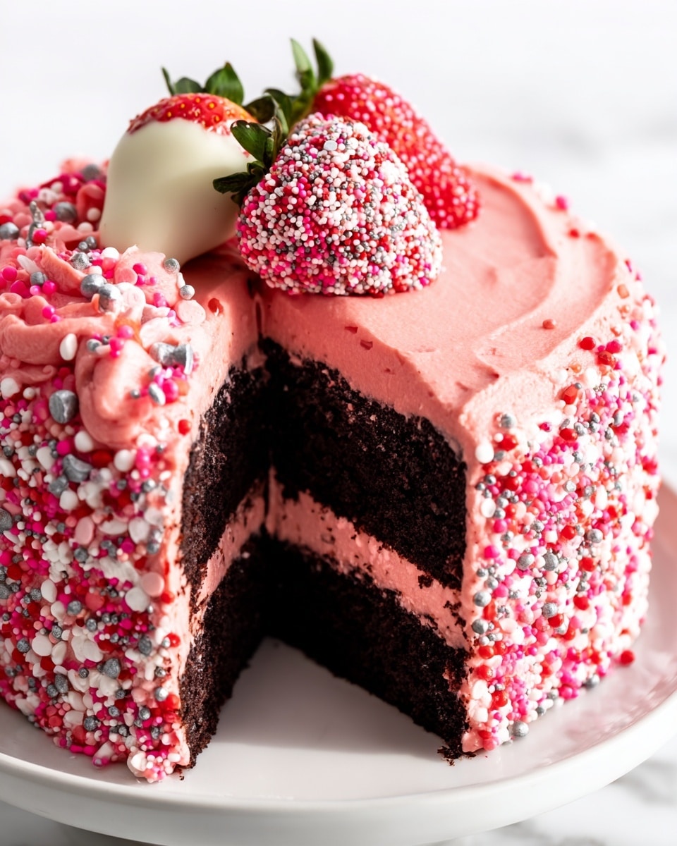 A two-layer chocolate cake with thick, smooth pink frosting covers the entire cake. The frosting is decorated with pink, red, white, and silver sprinkles, heavily placed around the sides and top edges. On top, three strawberries dipped in white chocolate and covered with the same colorful sprinkles sit close together. One slice is cut out, showing the dark, moist chocolate cake layers inside, separated by a thick layer of pink frosting. The cake sits on a white plate on a white marbled surface. Photo taken with an iphone --ar 4:5 --v 7