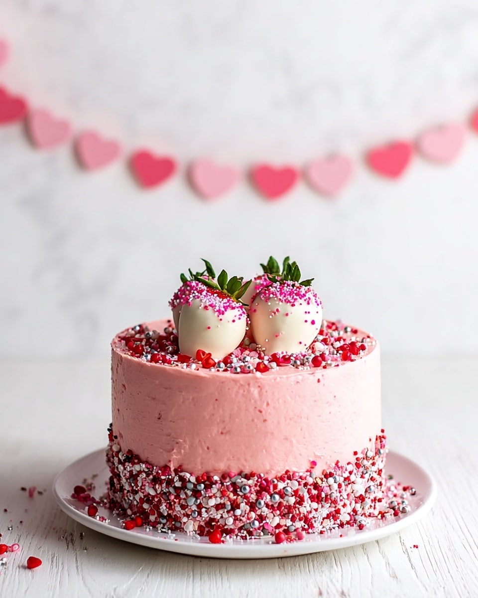 A round cake covered in smooth pink frosting with three large strawberries dipped in white chocolate, topped with pink and red sprinkles and placed in a circle on top. The bottom half of the cake is decorated with a thick layer of colorful sprinkles in pink, red, white, and silver. The cake sits on a white plate on a white wooden surface with a white marbled texture background. There is a blurred garland of pink heart shapes hanging in the background. photo taken with an iphone --ar 4:5 --v 7