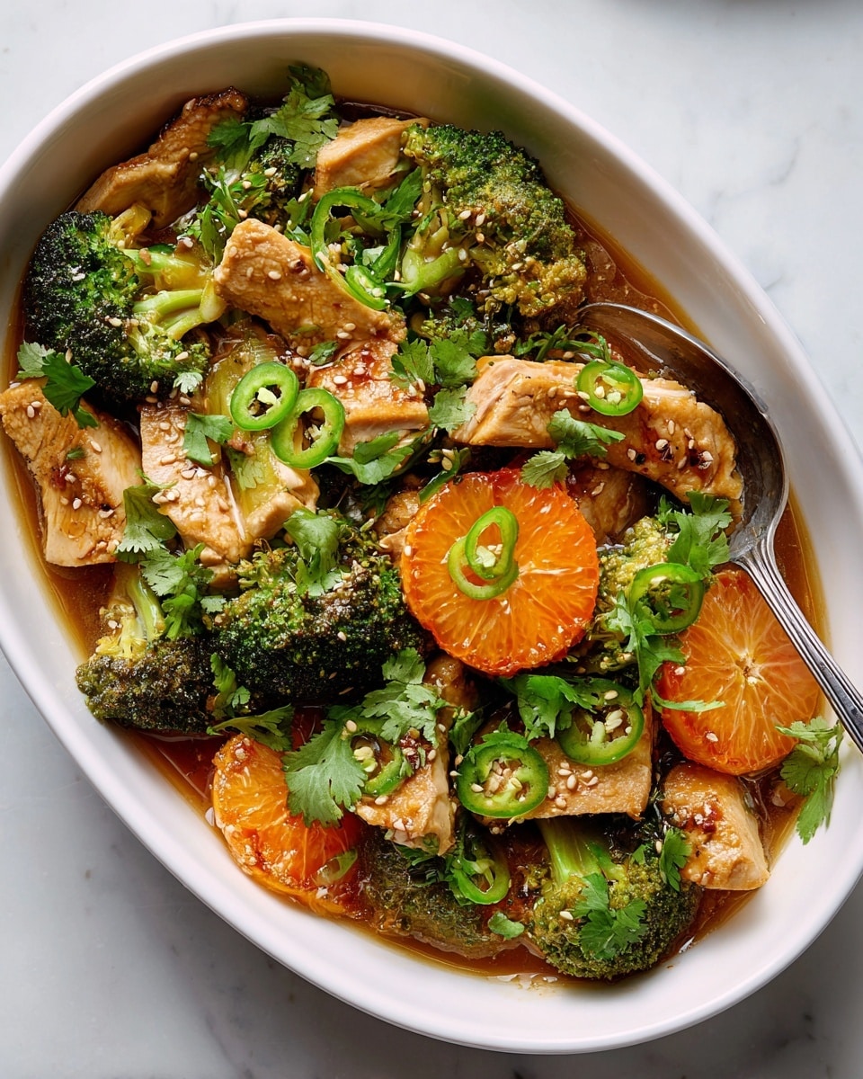 This dish is served in a white oval bowl placed on a white marbled texture. It has three main layers: the bottom layer is filled with a light brown sauce with a glossy texture; the middle layer consists of chopped chicken pieces with a golden-brown sear and small broccoli florets that are bright green and slightly charred; and the top layer features orange slices and whole orange halves with a glistening surface, along with fresh cilantro leaves scattered across, thin green jalapeño slices, and a sprinkle of sesame seeds adding a textured finish. A silver spoon is partially submerged in the bowl. Photo taken with an iphone --ar 4:5 --v 7