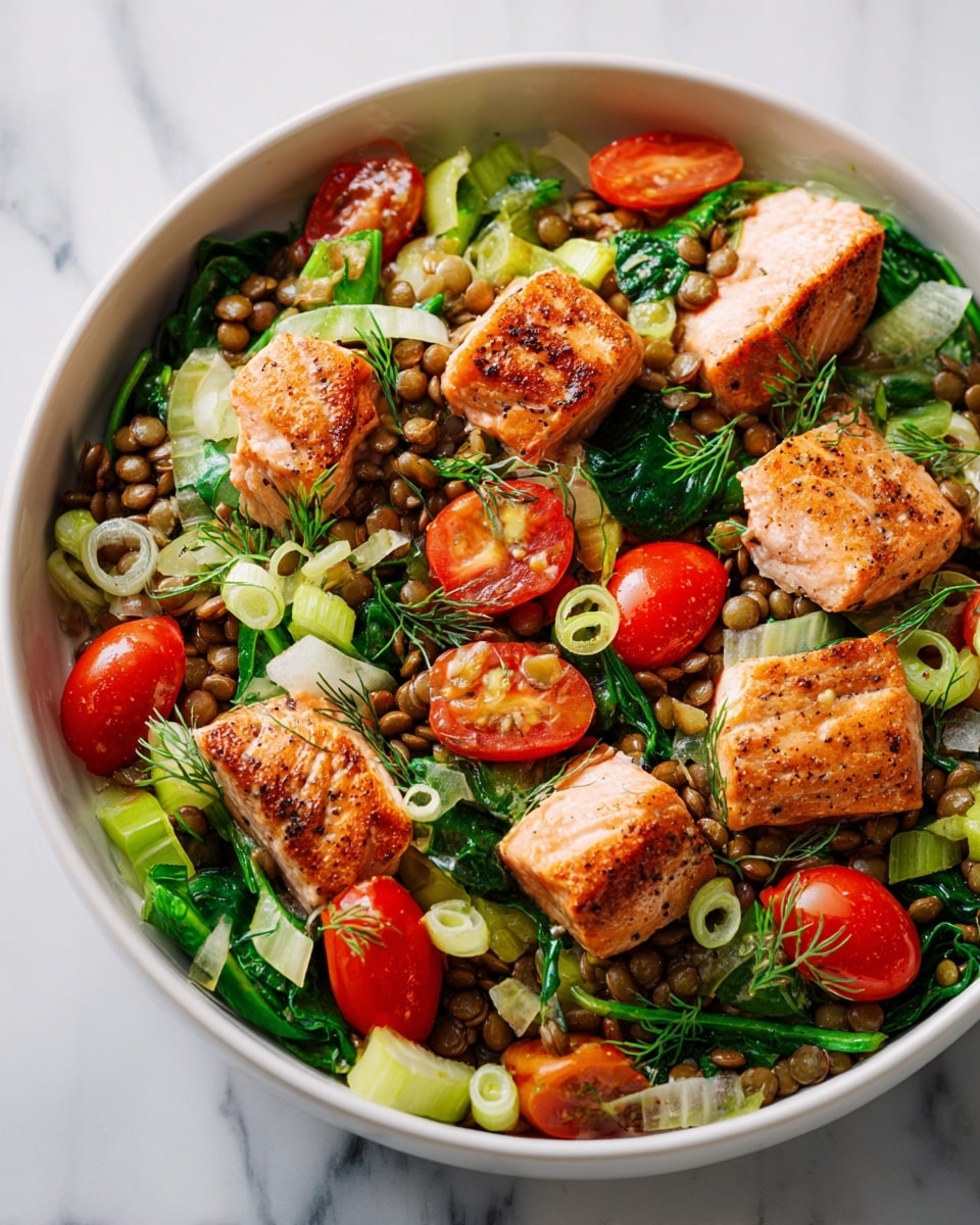 The dish shows a mix of several ingredients layered in a white bowl placed on a white marbled surface. At the base, there are green spinach leaves and thinly sliced celery pieces giving a fresh, leafy texture. Scattered on top are green lentils, adding small, round brown layers throughout. Bright red cherry tomato halves are evenly distributed, adding vibrant color and juicy texture. Pieces of golden-brown cooked salmon chunks sit prominently on top, each with a crisp outer layer. The dish is lightly garnished with sliced green onions and tiny sprigs of dill, providing subtle green hints. photo taken with an iphone --ar 4:5 --v 7