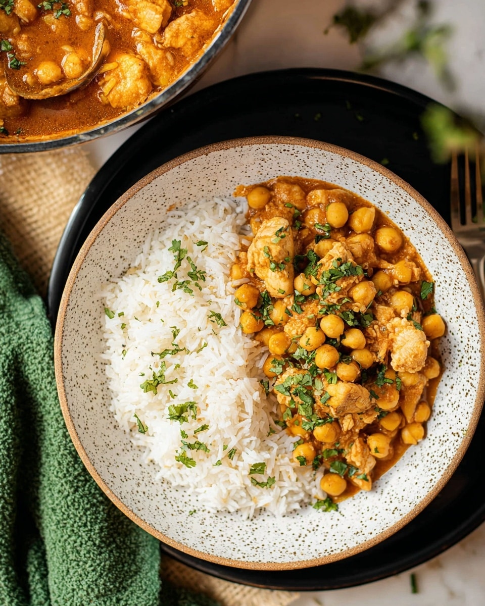 A shallow white bowl filled with a chickpea curry sits on a wooden board. The curry has a thick, orange-brown sauce with visible chickpeas and chunks of chicken, topped with chopped green herbs. Behind it, a white plate holds fluffy white rice mixed with thin fried onions. Next to the rice, a small white bowl contains thinly sliced onions soaked in a light sauce. A glass bottle of water is faintly visible in the background, all placed on a white marbled surface. photo taken with an iphone --ar 4:5 --v 7