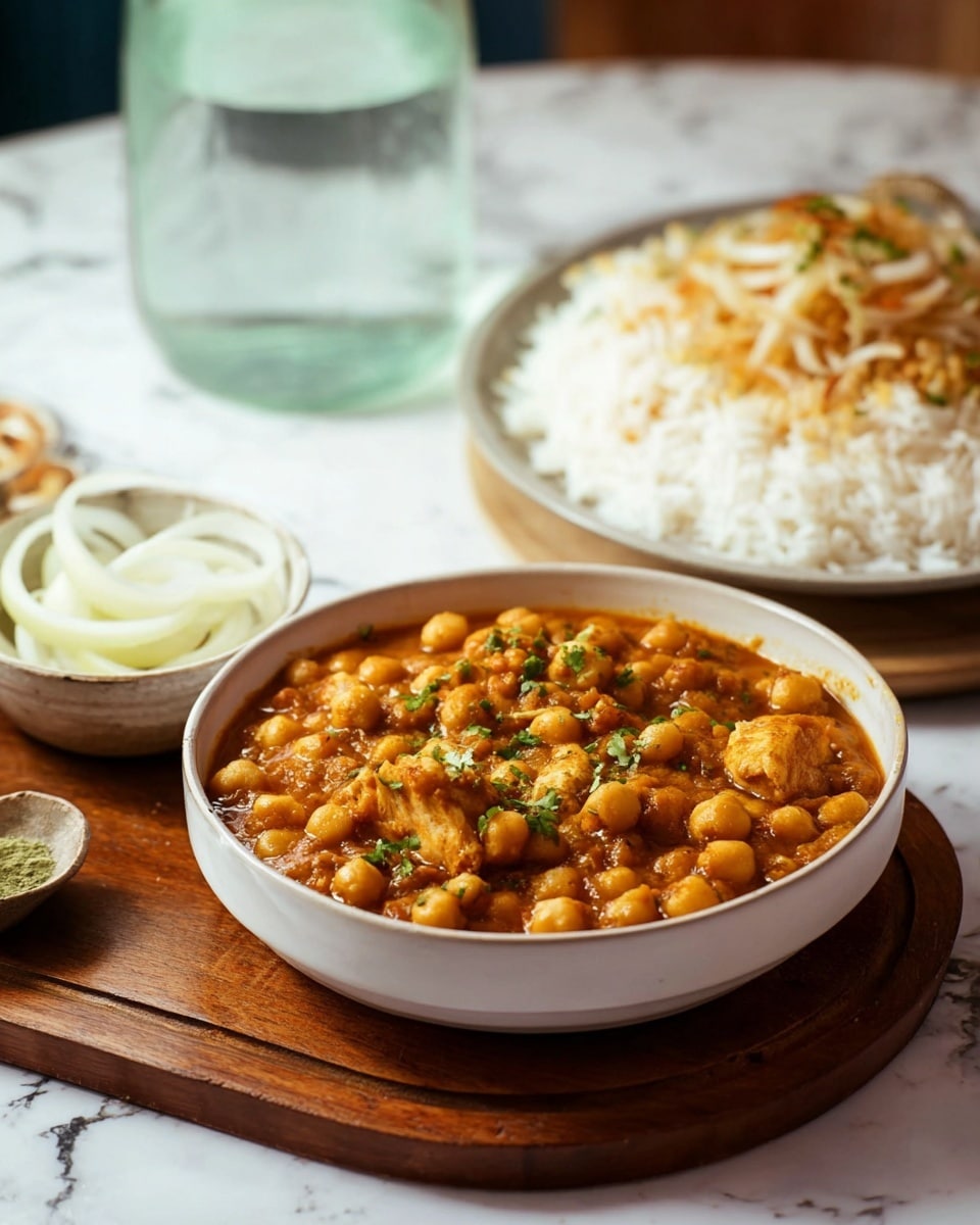 A close-up top view of a dish on a white speckled plate, with two main layers: on the left side, a neat mound of soft, white long-grain rice, and on the right, a thick chickpea curry with tender light brown chicken pieces, coated in an orange-brown sauce and garnished with fresh green chopped cilantro. The plate sits on a black round tray placed on a white marbled surface with a green fabric nearby and a pot of the same curry visible at the top left, showing chunks of chicken and chickpeas in a rich sauce. photo taken with an iphone --ar 4:5 --v 7