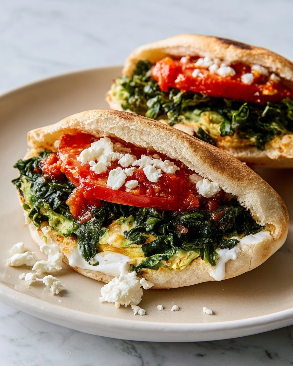 Two halves of a sandwich are shown on a white plate with a soft greenish surface. Each sandwich half has three clear layers visible: the base layer is white creamy spread inside the pocket of light brown bread with a slightly toasted texture, the middle layer is made of dark green cooked or sautéed leafy vegetables with a slightly chunky texture, and the top layer has slices of bright red tomato along with some red sauce and white crumbles of cheese scattered on top and inside. The background is a white marbled texture. Photo taken with an iphone --ar 4:5 --v 7