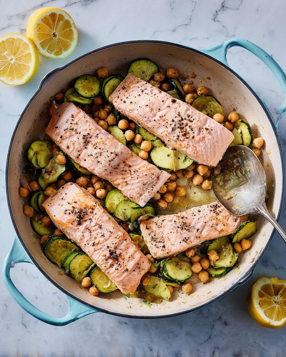 The image shows a light blue large cooking pan with four cooked salmon fillets laid on top. The salmon fillets are pale pink with some seasoning of black pepper, and they are arranged in a rough circle. Below the salmon fillets, there is a mix of cooked green zucchini slices and light brown chickpeas, giving a textured and colorful base layer. A large silver spoon rests inside the pan on one side. Next to the pan, on a white marbled surface, are two lemon halves, one squeezed with juice inside and one untouched. The scene has a natural light setting, highlighting the fresh and healthy meal. Photo taken with an iphone --ar 4:5 --v 7
