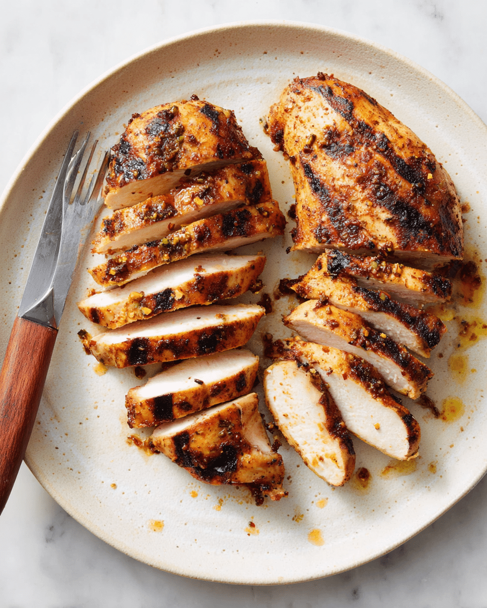 Two grilled chicken breasts are sliced and arranged on a large white plate, each cut into about eight pieces. The outer skin of the chicken is golden brown with darker charred grill marks, while the inside is a pale, moist white. Small spots of grilled seasoning and juices are visible on the plate around the chicken. A fork with a wooden handle rests on the left edge of the plate. The plate sits on a white marbled surface. photo taken with an iphone --ar 4:5 --v 7