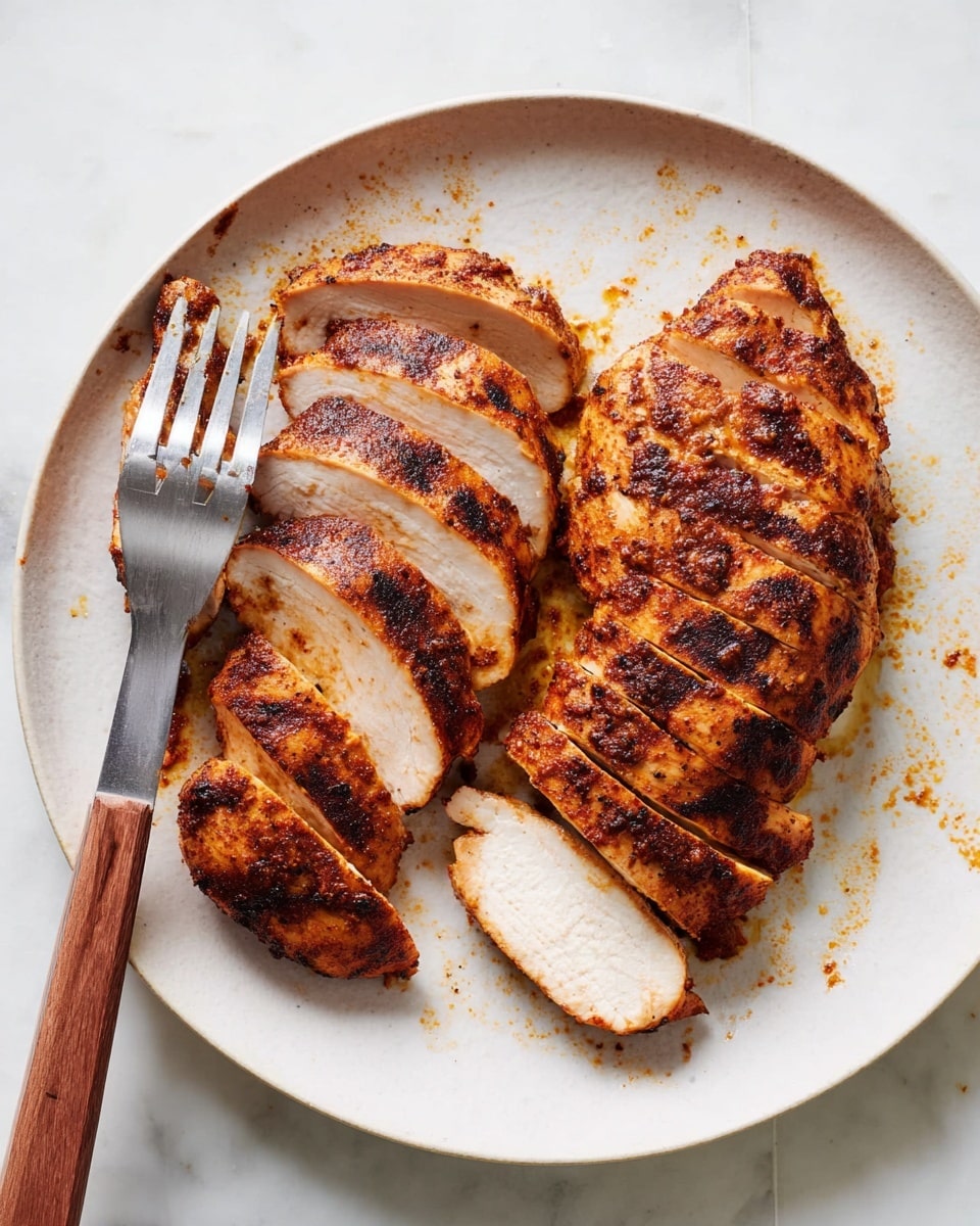 The image shows two sliced grilled chicken breasts placed side by side on a round white plate. Each chicken breast is cut into several thick slices, showing a juicy white interior and a well-seasoned, slightly charred brown outer layer with visible grill marks. The chicken is coated with a reddish-brown spice blend, giving it a textured, crispy look. A two-pronged fork with a wooden handle rests on the left side of the plate, its prongs touching a piece of chicken. The plate sits on a white marbled surface with faint brownish marks around the chicken. photo taken with an iphone --ar 4:5 --v 7