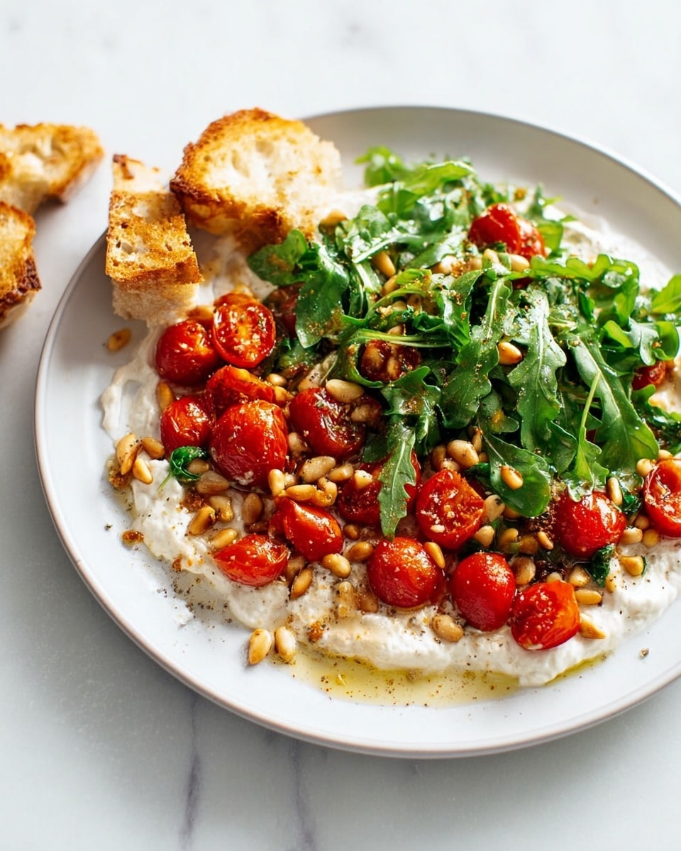 The dish is served on a white plate placed on a white marbled surface. It has three main layers: a smooth, creamy white base layer spread thinly across the plate, followed by a middle layer of lightly browned pine nuts scattered unevenly over the cream. On top, there are bright red roasted cherry tomatoes and fresh, vibrant green arugula leaves that add texture and color contrast. Pieces of crusty bread with a golden brown crust and soft white inside are placed beside the plate. The overall look is fresh and colorful. photo taken with an iphone --ar 4:5 --v 7
