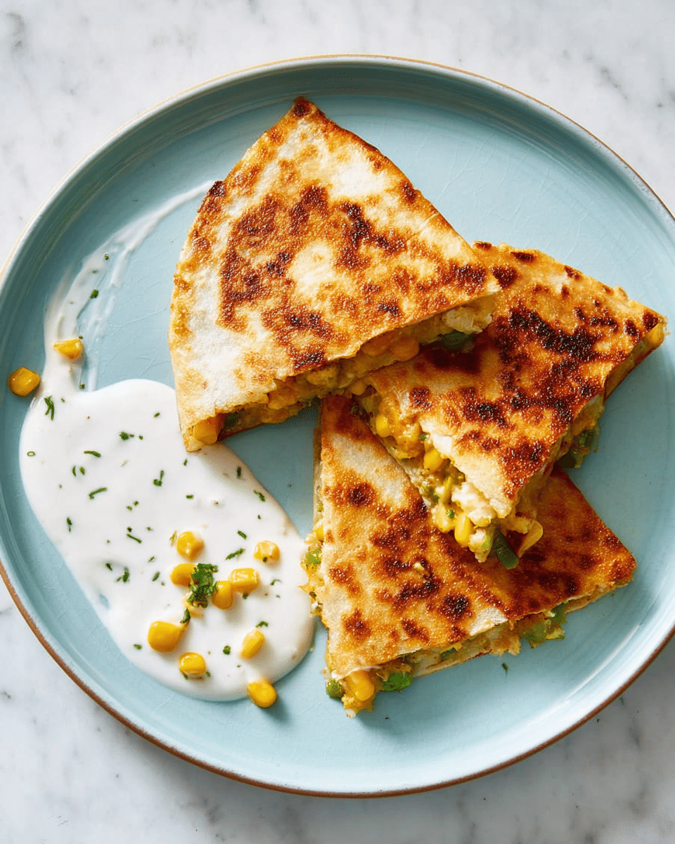 Two triangle-shaped quesadilla pieces with a golden-brown crispy outer layer sit on a round white plate with a light blue surface. The quesadillas have a filling layer of yellow corn kernels mixed with green vegetables, visible from the open edge of one piece. To the side of the quesadillas, there is a smooth white sauce with small green herb bits, spread in a curved shape. A few loose corn kernels are scattered on the plate near the quesadillas. The plate rests on a white marbled surface. photo taken with an iphone --ar 4:5 --v 7