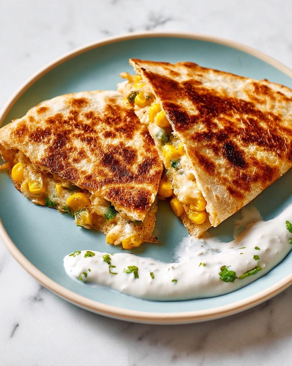 Two folded quesadilla halves sit on a white plate, each with a golden brown, crispy outer layer showing uneven toasted patches. Inside, there are two visible layers of melted cheese and yellow corn kernels mixed with green bits of herbs or vegetables. A small amount of white creamy sauce with green flecks is spread in a crescent shape on the side of the plate. The plate is set on a white marbled surface. photo taken with an iphone --ar 4:5 --v 7