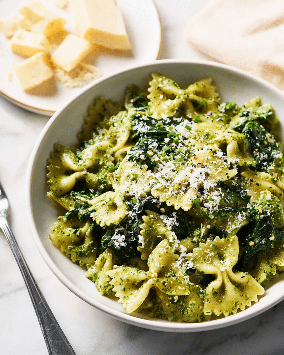 The image shows a white bowl filled with farfalle pasta mixed with a bright green pesto sauce. The pasta has a textured surface with visible ruffled edges, and it is coated evenly with the thick pesto. Mixed into the pasta are dark green spinach leaves, some wilted, adding a different texture and color layer. On top of the dish, there is a light sprinkling of finely grated white cheese and small black pepper specks, adding contrast to the green and beige colors. A silver fork rests on the white marbled surface to the left of the bowl, and to the right is a small white plate holding chunks of pale yellow cheese with some grated cheese around them. The scene is bright and softly lit, creating a fresh and appetizing look. photo taken with an iphone --ar 4:5 --v 7