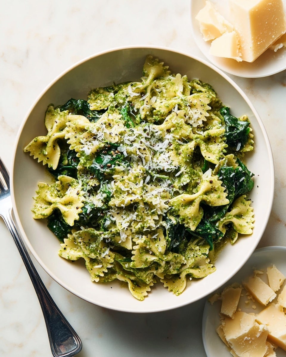 A white bowl filled with farfalle pasta coated in creamy green pesto sauce, mixed with dark green spinach leaves, and lightly sprinkled with finely grated white cheese and small dots of black pepper on top; the pasta pieces have a slightly shiny texture and are arranged loosely, showing different shapes and folds with the sauce clinging to each. To the left of the bowl, a silver fork rests on a white marbled surface, and to the right, there is a small white plate with rough chunks of pale yellow cheese and scattered grated cheese. The whole scene is set on a white marbled background. Photo taken with an iphone --ar 4:5 --v 7