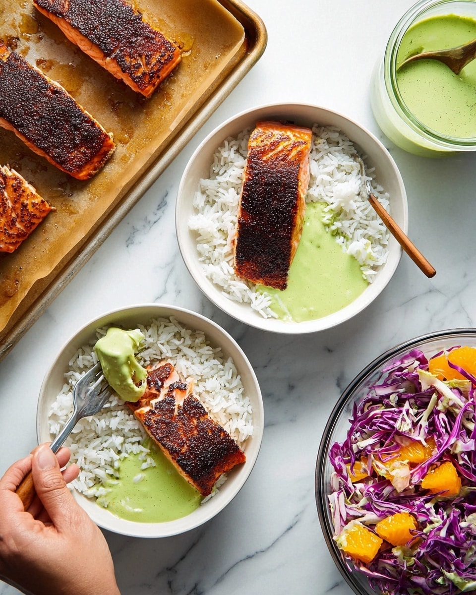 Two white bowls are shown on a white marbled surface. Each bowl has a base layer of white rice, with a smooth, light green sauce placed beside the rice on one side. On top of the rice in each bowl is a piece of cooked salmon with a dark, crispy brown crust. A woman's hand is holding a fork lifting a piece of the salmon from one of the bowls. To the left, a baking tray lined with parchment paper holds more pieces of salmon with the same dark crust. On the right, there is a glass jar containing the light green sauce with a spoon inside, and a clear bowl filled with a colorful salad made of shredded purple cabbage and chunks of bright orange fruit. Photo taken with an iphone --ar 4:5 --v 7