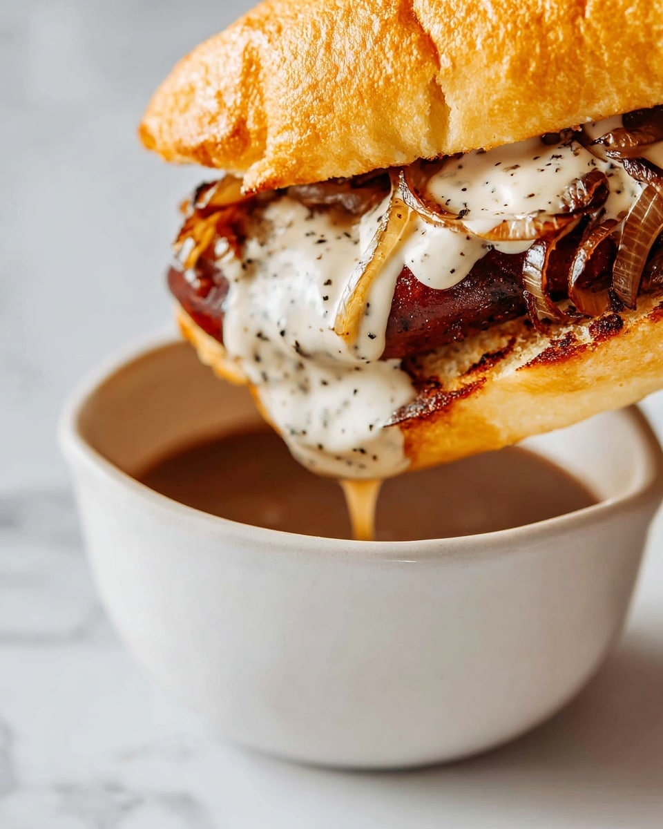 A close-up of a sandwich being dipped into a bowl of brown sauce. The sandwich has a golden brown toasted bun with two layers: the bottom layer holds dark brown grilled sausage pieces topped with soft caramelized onions in light golden color, and the top layer is spread with a creamy white sauce speckled with black pepper. The bowl holding the sauce is white, and the background shows a smooth white marbled texture. Photo taken with an iphone --ar 4:5 --v 7