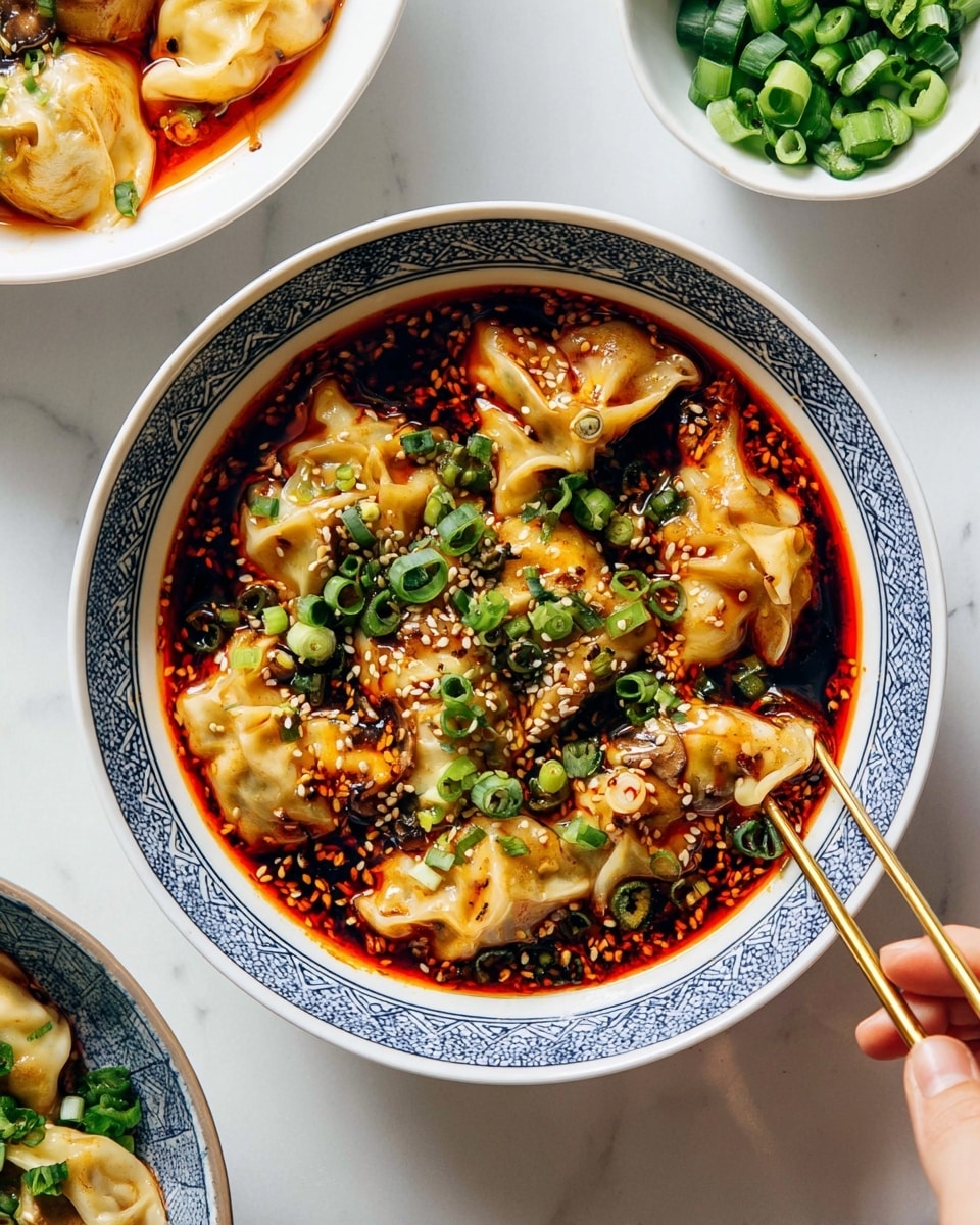 A white bowl with a blue geometric pattern is filled with light golden dumplings in a rich red chili oil sauce. The dumplings are placed in one layer, covered with chopped green onions and white sesame seeds scattered on top. Thin brown mushroom slices are mixed throughout the sauce around the dumplings. On the white marbled surface, there is a white bowl with more dumplings and sauce at the top left corner and a white bowl filled with chopped green onions at the bottom left corner. A woman's hand holding gold chopsticks is visible at the bottom right, reaching toward the bowl. photo taken with an iphone --ar 4:5 --v 7