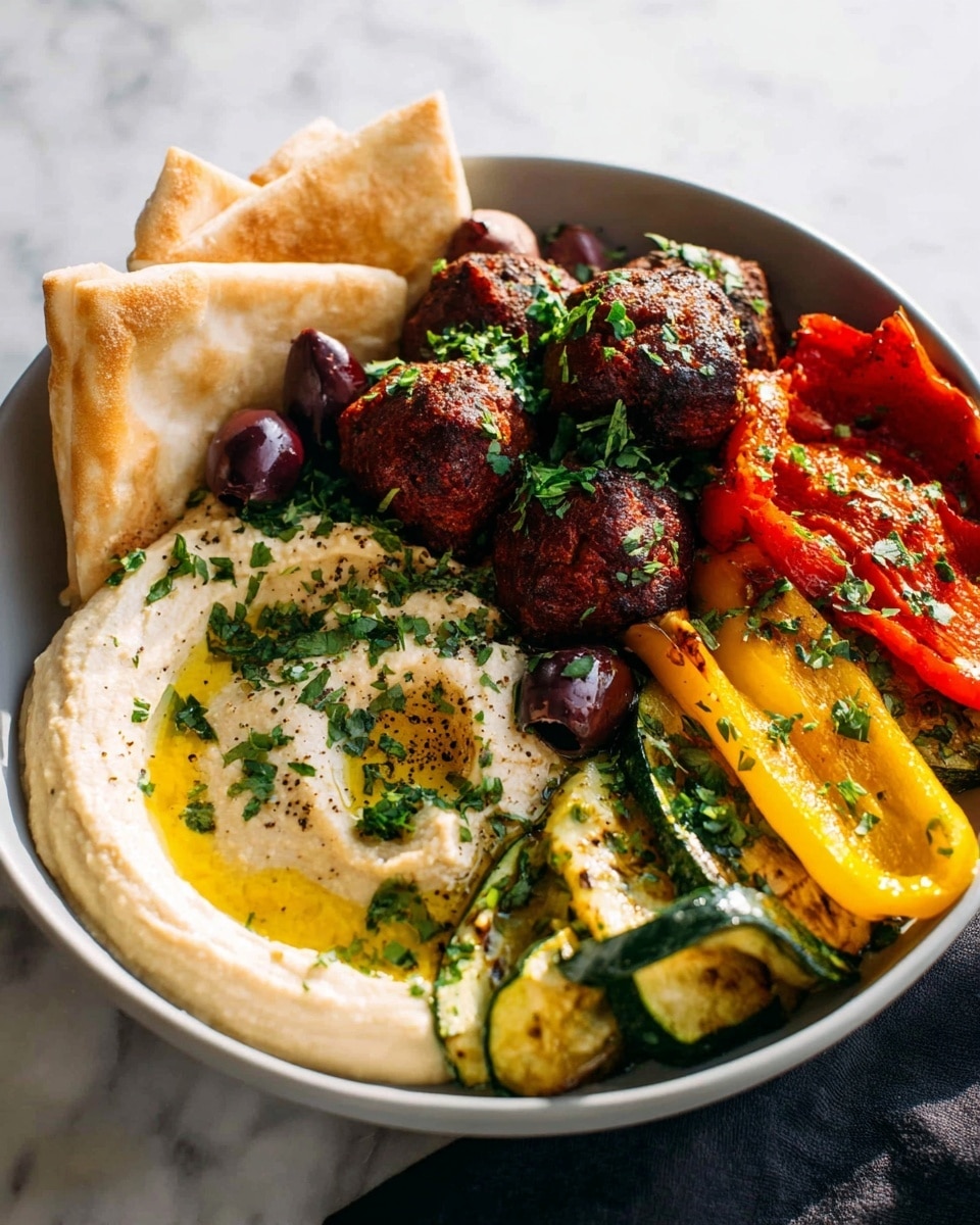 A white bowl holds a colorful Mediterranean plate with several layers: at the bottom left is a smooth, light beige hummus topped with a drizzle of golden olive oil and a sprinkle of chopped green herbs and black pepper. Above the hummus is a creamy white spread also sprinkled with green herbs. To the left side of the bowl are folded pieces of light brown pita bread. Moving clockwise, there are several glossy dark purple olives scattered centrally. Near the top center are deep red-brown falafel balls garnished with fresh chopped green herbs. To the right are bright yellow and red grilled bell pepper strips, and finally, at the bottom right, slices of grilled zucchini with a mix of dark green skin and light green interior, also sprinkled with herbs. The bowl rests on a white marbled surface under soft natural light. photo taken with an iphone --ar 4:5 --v 7