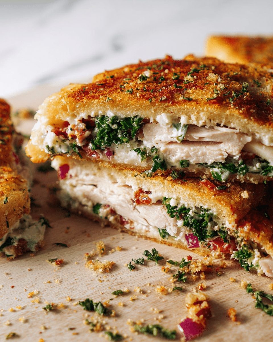 A close-up of three thick slices of toasted sandwich with a golden brown crust sprinkled with coarse breadcrumbs and herbs. The sandwich shows several layers inside: the top layer of golden crispy bread, followed by a creamy white sauce mixed with finely chopped green leafy herbs and bits of red onion. Below that is a thick layer of tender, pale turkey meat, then more fresh green herbs and reddish diced tomatoes nestled in creamy sauce. The sandwich sits on a wooden board with crumbs and small herb bits scattered around, all on a white marbled textured surface. photo taken with an iphone --ar 4:5 --v 7