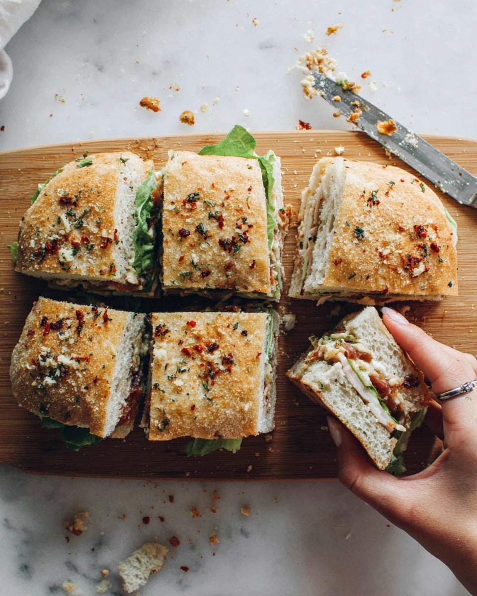 A sandwich cut into six square pieces on a wooden board placed on a white marbled surface, with a woman's hand holding one piece on the right side; the sandwich has a light golden-brown crust with a slightly crumbly texture and bits of baked herbs and red seasoning on top. Inside the sandwich, visible layers include green leafy lettuce, light beige slices of deli meat, and a creamy spread, all held between thick, soft-looking bread slices with a fluffy texture. There are crumbs and a few small bits scattered around the sandwich, and a knife with crumbs on the blade lies on the white marbled surface nearby. photo taken with an iphone --ar 4:5 --v 7