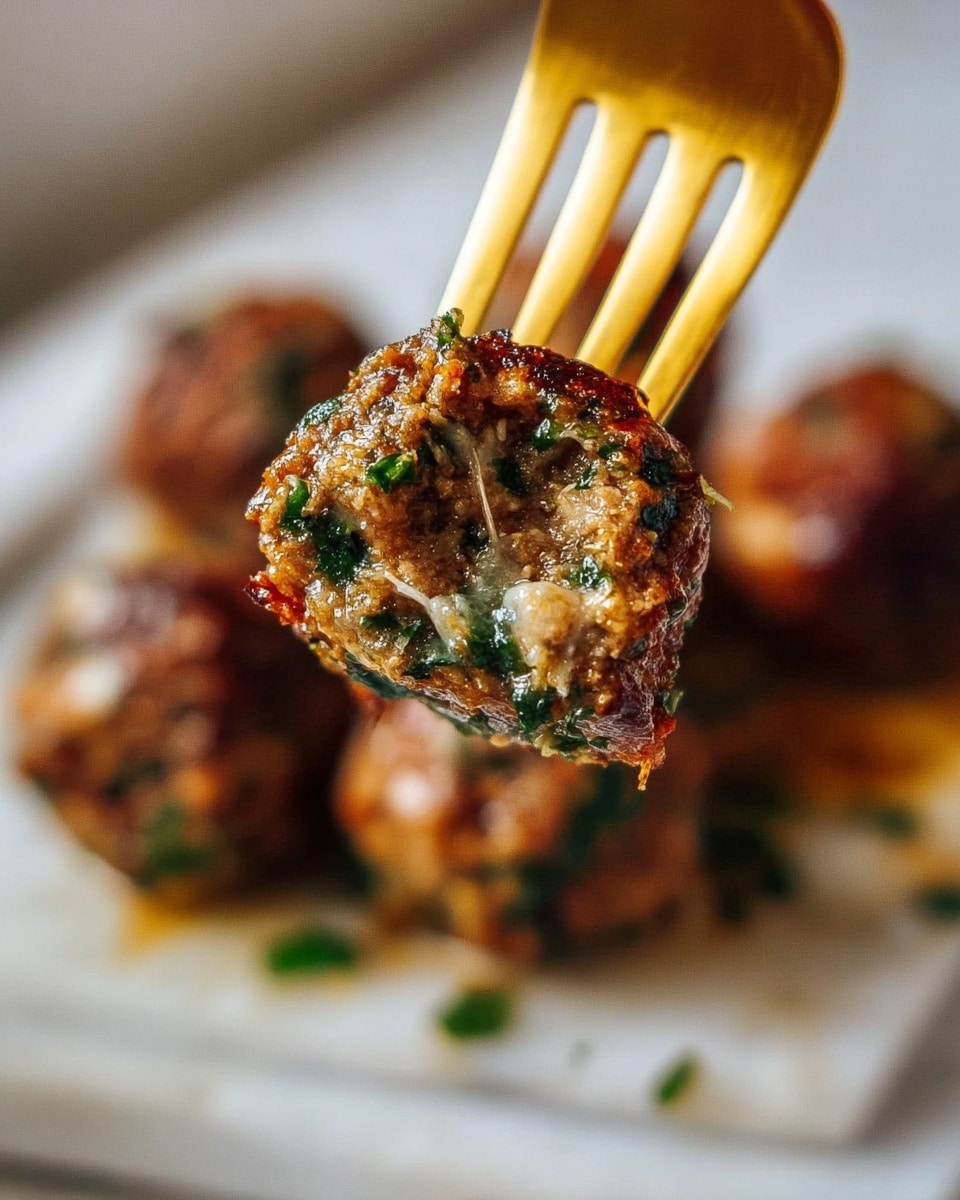A close-up view of a small, round meatball held by a gold fork, showing one meatball's inside texture with visible chopped green herbs mixed throughout its brown, slightly crispy outer layer, some melted cheese or sauce oozing slightly at the bottom, and more meatballs blurred in the white marbled background. Photo taken with an iphone --ar 4:5 --v 7