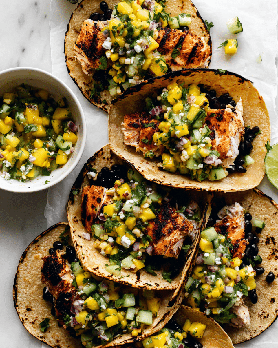 Five grilled fish tacos are layered with black beans at the bottom inside lightly charred corn tortillas. On top of the fish, there is a layer of bright yellow mango salsa mixed with green herbs, small white corn kernels, diced cucumber, and bits of red onion, adding fresh colors and textures. The tacos rest on a white marbled surface with a white bowl on the side holding more of the mango salsa. The image is shot from above, showing a vibrant and fresh presentation. Photo taken with an iphone --ar 4:5 --v 7