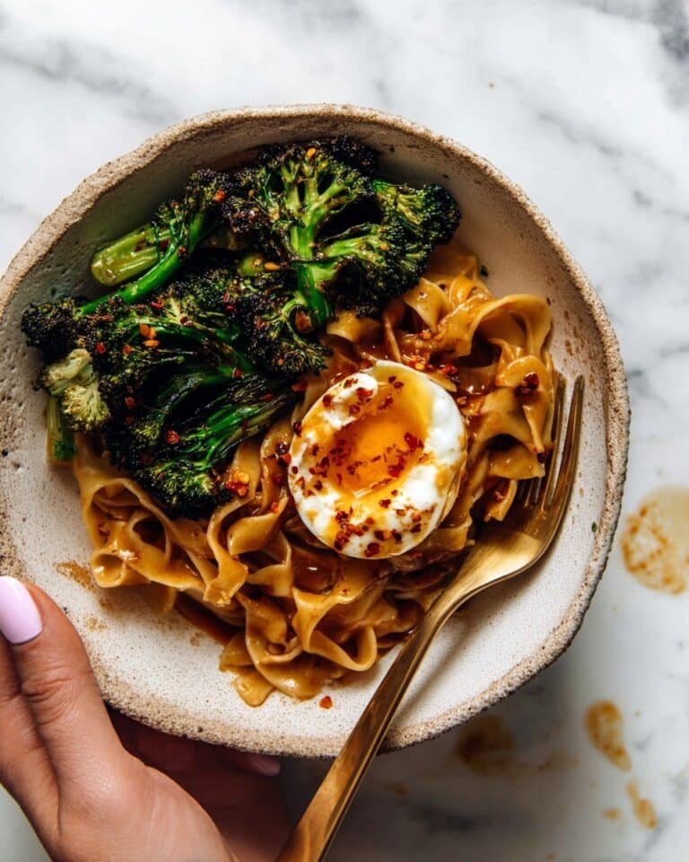 Chili Garlic Pappardelle with Smashed Broccoli and Soft Eggs Recipe