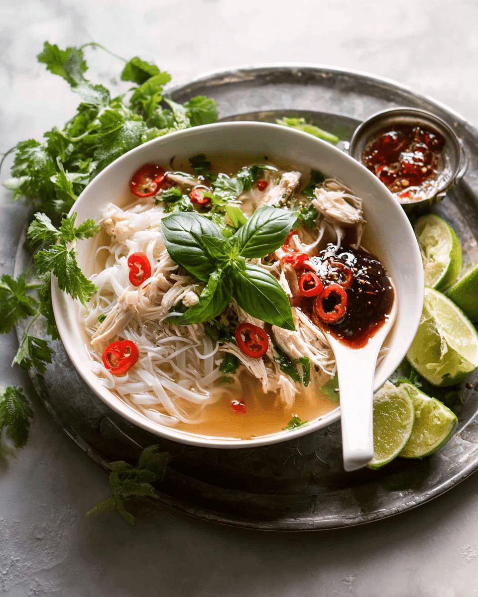 A white bowl filled with a clear broth at the bottom holds several layers: first, flat white rice noodles resting in the soup; on top of them, shredded white chicken pieces; scattered thin slices of red chili peppers; a spoonful of dark brown sauce and bright red sauce; fresh green herbs like cilantro and basil placed centrally as garnish. Around the bowl on a metal tray are green lime wedges and sprigs of cilantro. The scene is set on a white marbled surface with a white spoon resting inside the bowl. photo taken with an iphone --ar 4:5 --v 7