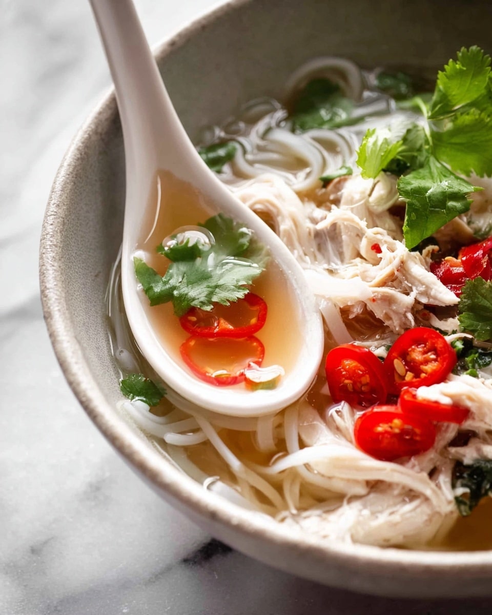 A close-up image of a bowl of clear soup with three main layers visible: at the bottom, thin white rice noodles; above the noodles, shredded white chicken pieces; and floating on top, round slices of red chili peppers and bright green cilantro leaves. A white ceramic spoon inside the bowl holds some broth, noodles, a slice of chili, and a cilantro leaf. The bowl is light gray with a rough texture, placed on a white marbled surface. Photo taken with an iphone --ar 4:5 --v 7