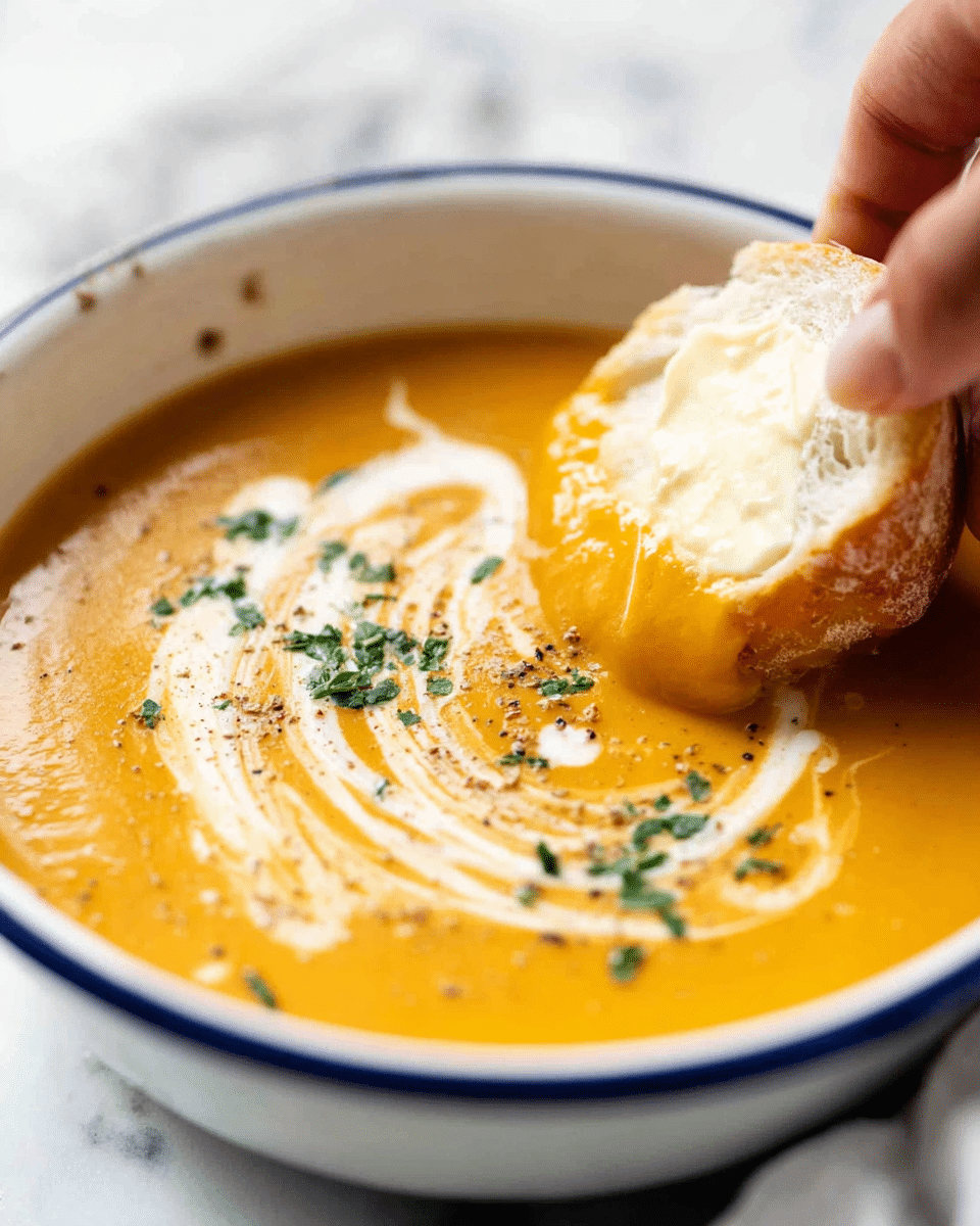 A close-up view of a bowl containing smooth, thick orange soup with a creamy swirl on top, sprinkled with finely chopped green herbs and a little black pepper. A woman's hand is dipping a piece of white bread with butter into the soup on the right side of the image. The bowl is white with a thin blue rim, placed on a white marbled surface. photo taken with an iphone --ar 4:5 --v 7