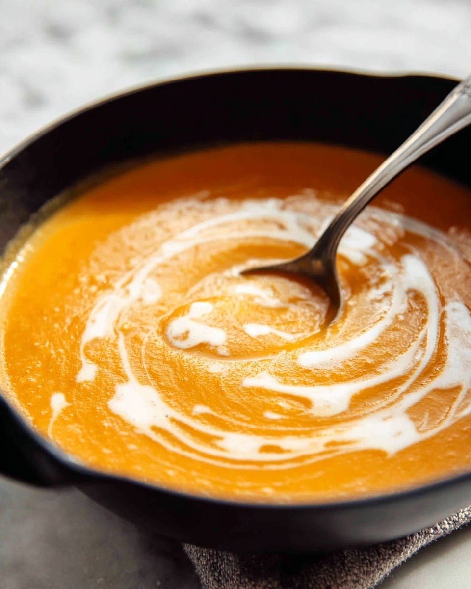 A close-up image of a bowl of creamy orange soup with smooth texture in a black pan, topped with a swirl of white cream creating a decorative pattern on the surface. A silver spoon is gently stirring the soup from the right side, capturing light reflections. The background is a white marbled texture. photo taken with an iphone --ar 4:5 --v 7