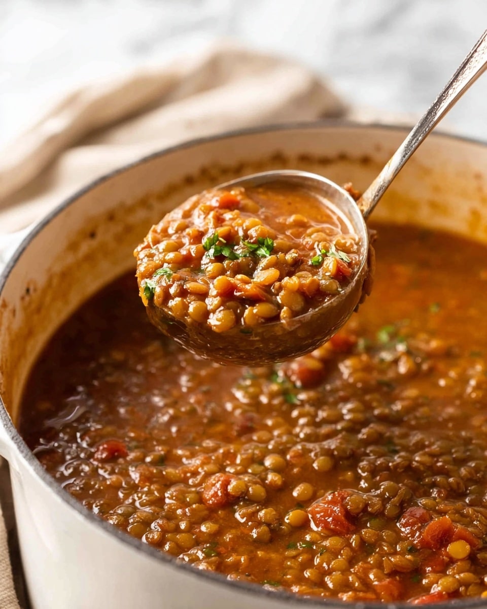 A close-up of a thick lentil soup in a white pot with a slightly stained rim, showing layers of brown and orange lentils, small bits of green herbs, and diced red tomatoes. The soup looks hearty with a chunky texture and some visible liquid. A shiny metal ladle is lifting a big scoop of the soup, revealing its dense and coarse consistency. The background has a soft, white marbled texture with a blurred beige cloth in the distance. Photo taken with an iphone --ar 4:5 --v 7
