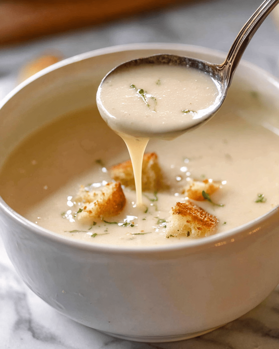 A close-up of a dark bowl filled with creamy white soup with smooth texture, topped with golden brown croutons and small green chive pieces scattered on top. There is a swirl of cream mixed into the soup, with a few black pepper specks visible. A silver spoon is dipped into the soup on the right side, held by a woman's hand. The bowl sits on a soft gray cloth with a white marbled surface below. photo taken with an iphone --ar 4:5 --v 7