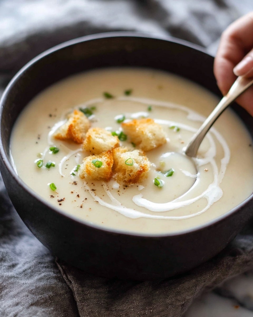 A close-up image of creamy soup in a white bowl, with a silver ladle scooping the soup. The soup is smooth and thick, light beige in color, with small pieces of golden brown croutons and a few tiny green herbs floating on top. The soup drips slightly from the ladle back into the bowl, showing its rich texture. The background shows a white marbled texture surface. Photo taken with an iphone --ar 4:5 --v 7