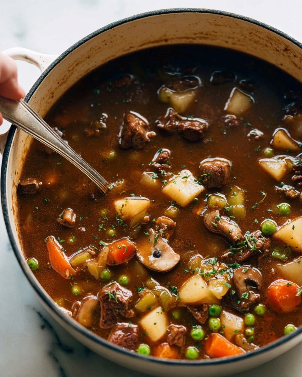 A close-up view of a white pot filled with thick brown stew, showing visible chunks of browned meat, diced white potatoes, orange carrots, green peas, celery, and halved mushrooms. The stew has a glossy, rich texture with herbs sprinkled on top. A silver spoon is partially submerged in the stew, with the edge of a woman's hand holding the pot handle barely visible on the left side. The pot rests on a white marbled surface. photo taken with an iphone --ar 4:5 --v 7