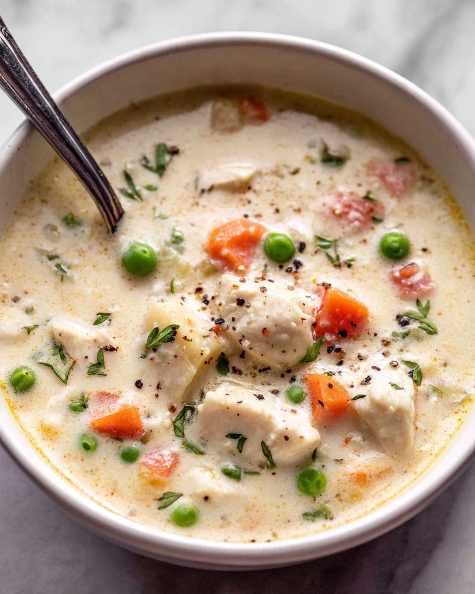This image shows a creamy soup served in a white bowl on a white marbled surface. The soup has a thick off-white base with visible chunks of white chicken pieces spread throughout. There are small bright orange carrot cubes and round green peas floating in the soup. Tiny green herb leaves and scattered black pepper flakes are sprinkled on top, adding texture and color contrast. A metal spoon is partially submerged in the soup with its handle resting on the edge of the bowl. photo taken with an iphone --ar 4:5 --v 7