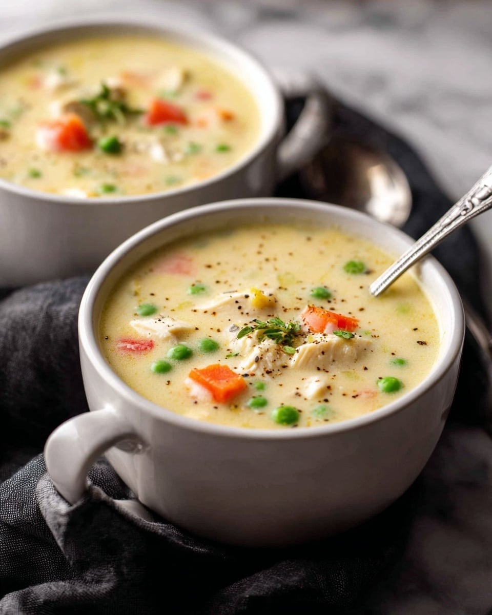 Two white cups filled with creamy soup sit on a dark cloth on a white marbled surface. The soup has a thick, smooth, pale yellow base with visible chunks of orange carrots, bright green peas, and white pieces of chicken. On top of the soup in the front cup, there is a small garnish of green herbs and a sprinkle of black pepper. A silver spoon rests inside the front cup’s handle. Photo taken with an iphone --ar 4:5 --v 7