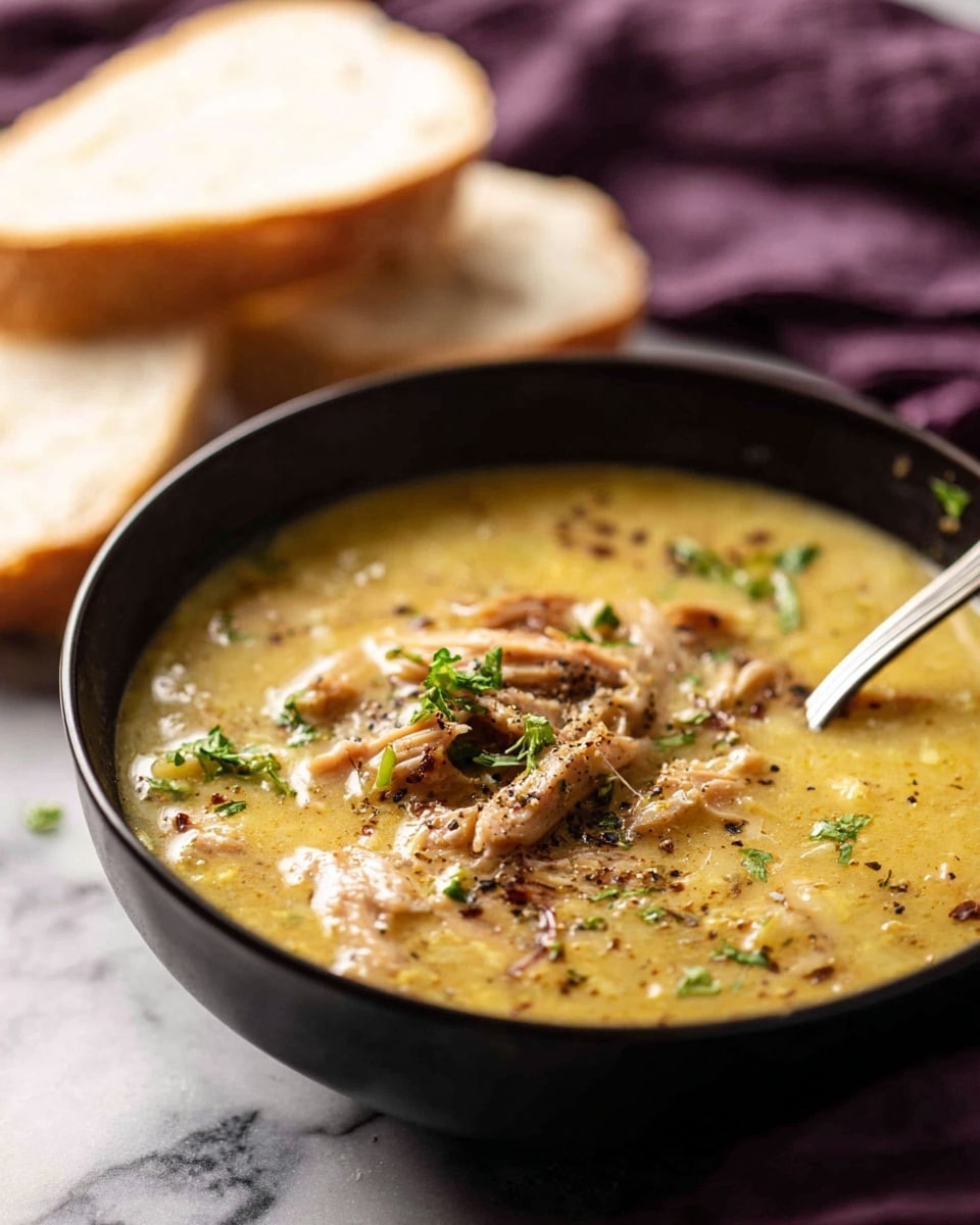 A close-up image of thick, yellow-brown soup with visible strands of shredded meat mixed in, creating a hearty and textured appearance. The soup has a smooth, slightly glossy surface with small bits of herbs, possibly cilantro, sprinkled on top. A wooden spoon is partially submerged in the soup, lifting a scoop filled with both the creamy liquid and meat strands. The background is softly blurred, emphasizing the rich and warm color of the soup. The photo taken with an iphone --ar 4:5 --v 7
