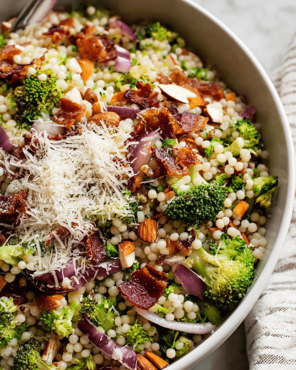 A close-up image of a white bowl filled with a colorful mixed salad featuring several layers of ingredients. The base layer consists of small, pale round couscous or pearl-like grains, mixed evenly with small chopped bright green broccoli pieces. Scattered throughout are thin, soft slices of light purple onions. There are chunks of crispy brown bacon pieces and toasted brown almond halves spread across the dish, adding texture. On one side, there is a pile of finely grated white cheese lightly covering part of the grains and vegetables. The bowl is placed on a white marbled textured surface, and a white cloth with subtle stripes is partly visible in the top right corner. photo taken with an iphone --ar 4:5 --v 7