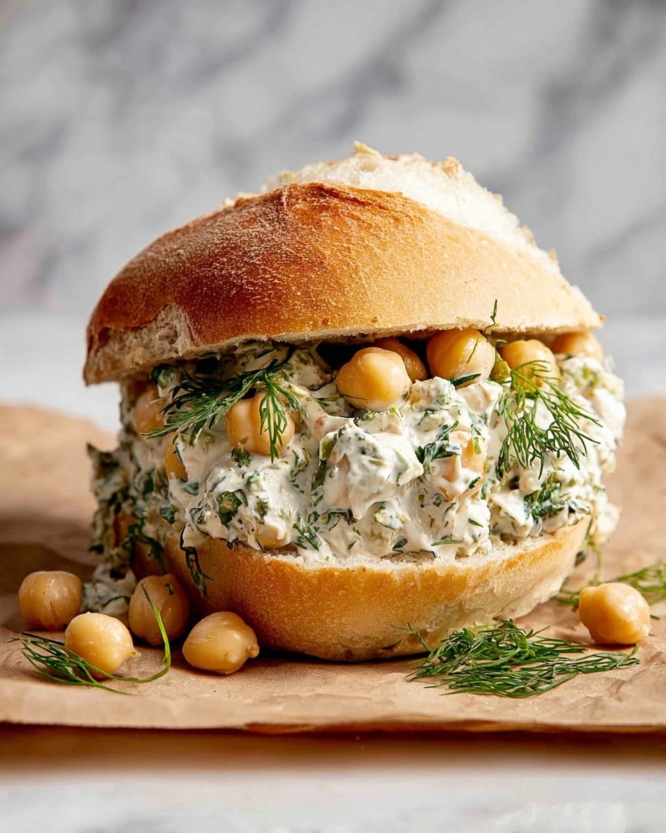 This image shows a sandwich made with a soft, crusty bun that is golden brown on top and white inside. The sandwich has one thick layer of creamy filling that is white with green herbs mixed in, and whole chickpeas are scattered throughout this creamy layer, some spilling out of the sandwich. Small green dill sprigs sit on top and around the sandwich. The sandwich sits on brown paper, and the background is a white marbled texture. photo taken with an iphone --ar 4:5 --v 7