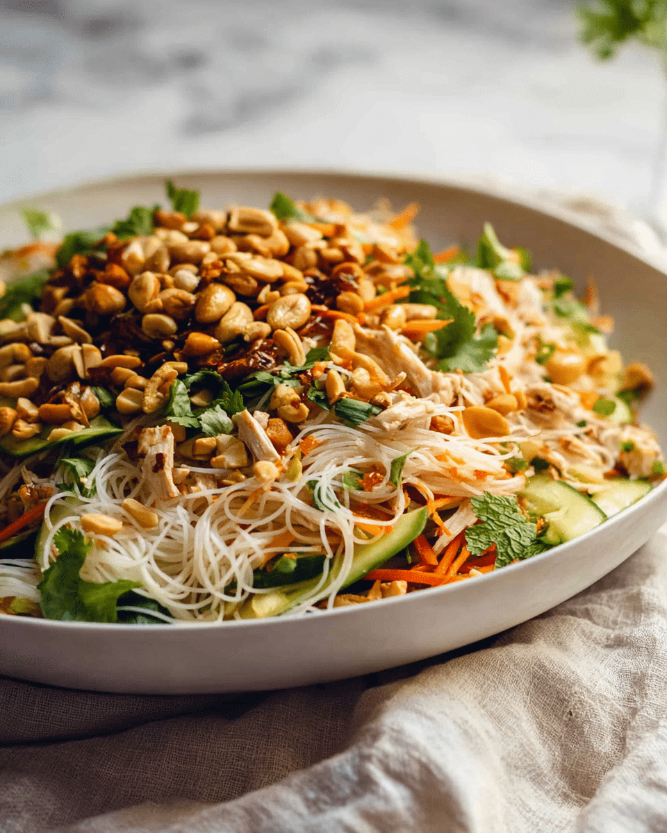 A white shallow bowl filled with a colorful noodle dish is shown on a white marbled surface with a light-colored cloth underneath. The bottom layer consists of thin, light beige rice noodles mixed with thin strips of orange carrot and bits of green cucumber. Shredded cooked chicken pieces are scattered throughout the noodles. On top of the noodles, a generous layer of golden-brown roasted peanuts and cashews is spread, adding crunch. Fresh green herbs like cilantro are sprinkled over the nuts, adding a vibrant touch of green throughout the dish. The background is softly blurred, focusing attention on the fresh textures and colors of the salad. Photo taken with an iphone --ar 4:5 --v 7