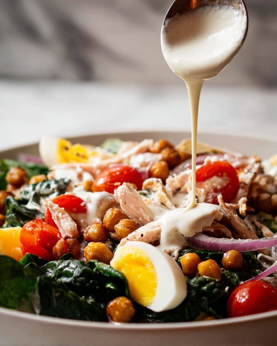 A close-up shot shows a white bowl filled with a vibrant salad featuring multiple layers: at the bottom, dark green spinach leaves create a textured base; scattered on top are bright red cherry tomatoes, roasted golden-brown chickpeas, and chunks of white chicken meat with light pink hints. There are also halved boiled eggs with vivid yellow yolks tucked in between. Thin slices of purple onion add more color among the layers. A spoon held by a woman's hand drizzles creamy white dressing over the salad, which flows smoothly onto the ingredients, enhancing the fresh and rich look. The background is a white marbled texture. photo taken with an iphone --ar 4:5 --v 7